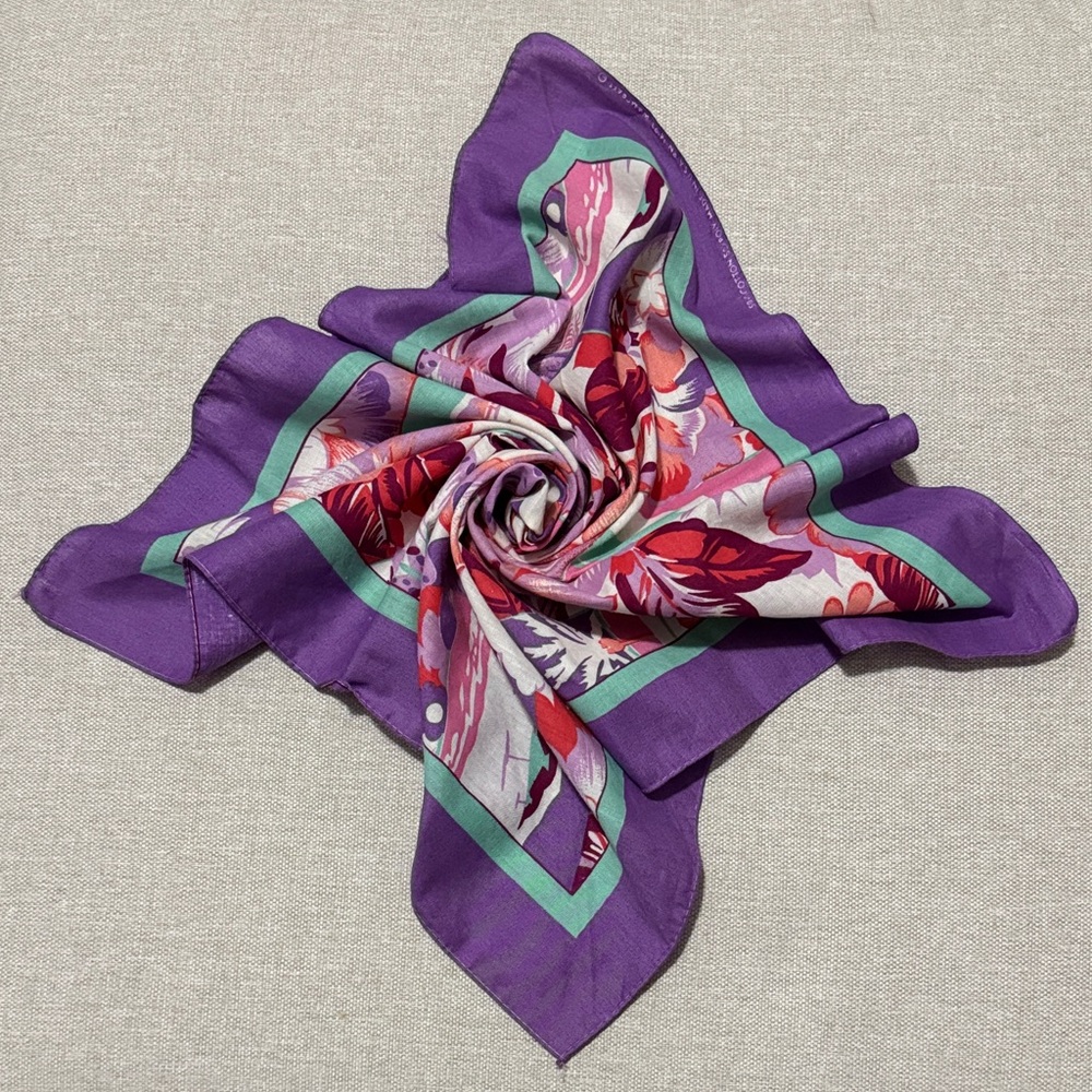 Vintage Cotton Blend Tropical Print Scarf-21x22-Purple/Pink/Turquoise - Picture 2 of 11